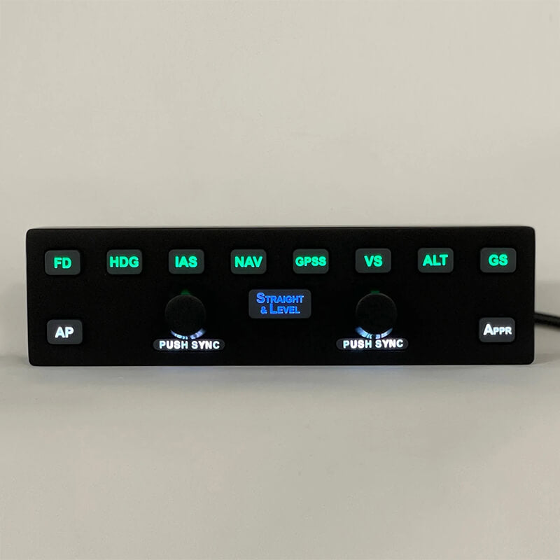 Exact replica of the Avidyne DFC90 autopilot for use with your flight simulator.  This product works especially well with the TorqueSim SR20 and SR22 Entegra edition aircraft where the DFC90 functions are acuratley modeled.  The DFC90 features ultra realistic, silicone rubber buttons that are rated to over 1 million cycles and feature multi color backlighting to match the operating mode of each button.  The unit connects to your PC with a single USB cable.