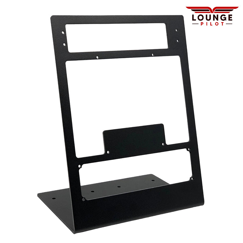 Desktop stand designed for the RealSimGear GNS530, GMA350, and GFC700, crafted from durable 3mm steel, finished in matte black powder coating. Complete with rubber non-slip feet and mounting screws, this stand ensures a secure and elevated position for your aviation devices, mirroring the setup found in typical general aviation aircraft.
