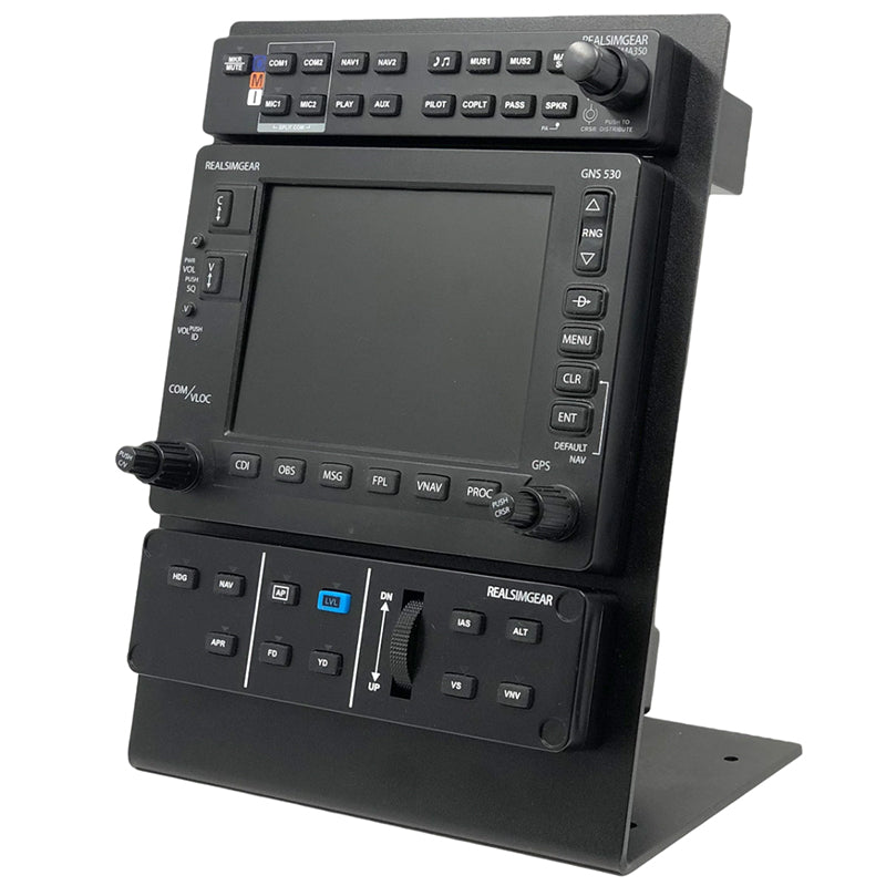 Desktop stand designed for the RealSimGear GNS530, GMA350, and GFC700, crafted from durable 3mm steel, finished in matte black powder coating. Complete with rubber non-slip feet and mounting screws, this stand ensures a secure and elevated position for your aviation devices, mirroring the setup found in typical general aviation aircraft.