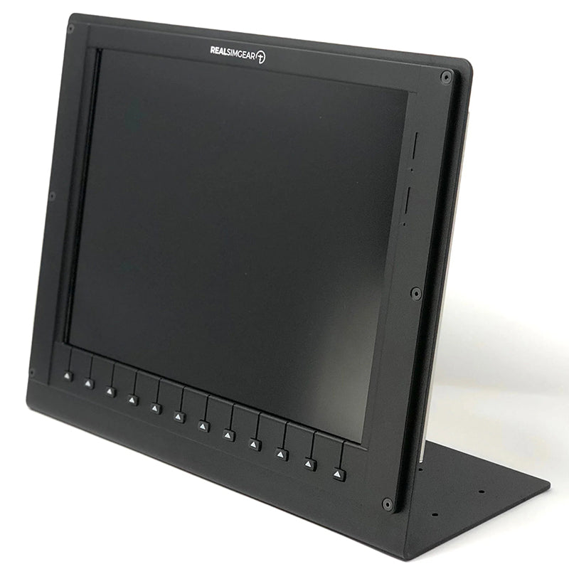 Desktop stand for the RealSimGear GDU1500 MFD. Crafted from 3mm steel and finished with a matte black powder coating, this stand features rubber non-slip feet and comes with mounting screws. It offers a stable and elevated mounting position for the GDU1500 MFD.  The stand includes mounting holes that are compatible with the Saitek/Logitech yoke mounting system, as well as the Honeycomb Alpha yoke and Honeycomb Bravo throttle.