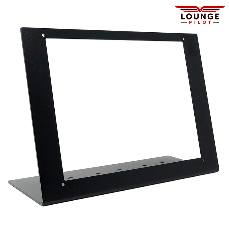 Desktop stand for the RealSimGear Avidyne Entegra PFD/MFD. Crafted from 3mm steel, finished with a matte black powder coating, and featuring rubber non-slip feet and mounting screws. This stand offers a stable, elevated mounting position for the Avidyne Entegra PFD/MFD.  Equipped with mounting holes compatible with the Saitek/Logitech yoke mounting system, as well as the Honeycomb Alpha yoke and the Honeycomb Bravo throttle.