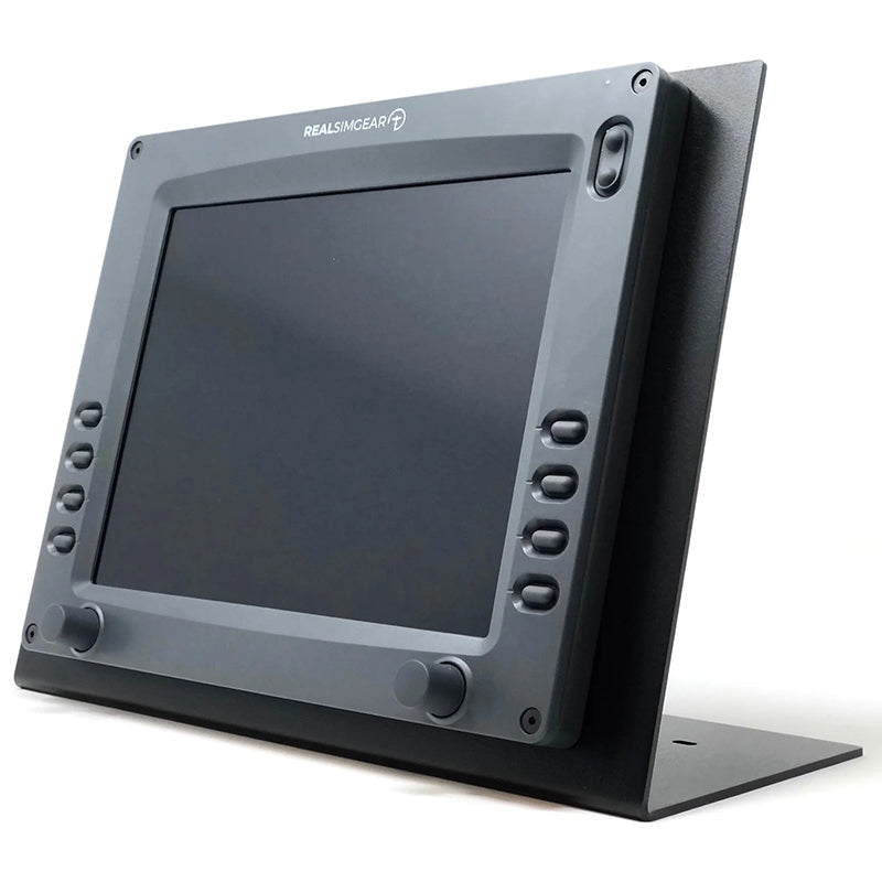 Desktop stand for the RealSimGear Avidyne Entegra PFD/MFD. Crafted from 3mm steel, finished with a matte black powder coating, and featuring rubber non-slip feet and mounting screws. This stand offers a stable, elevated mounting position for the Avidyne Entegra PFD/MFD.  Equipped with mounting holes compatible with the Saitek/Logitech yoke mounting system, as well as the Honeycomb Alpha yoke and the Honeycomb Bravo throttle.