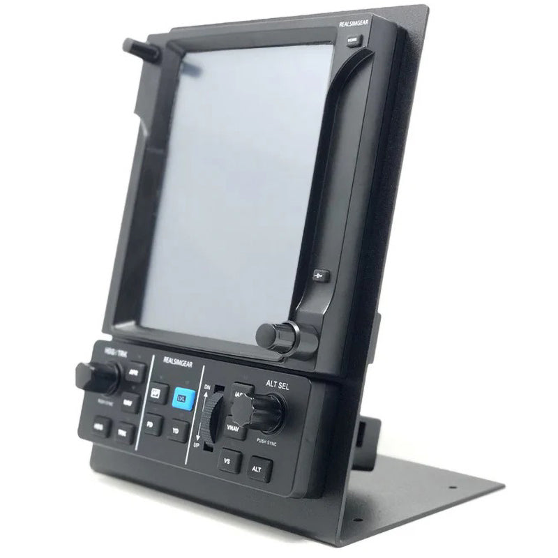 This dual desktop stand is designed specifically for the RealSimGear GTN750 and GFC500 Autopilot. Constructed from 3mm steel and finished with a matte black powder coating, it features rubber non-slip feet and comes with mounting screws. The stand offers a stable, elevated mounting position for both devices, replicating the typical installation found in most general aviation aircraft.