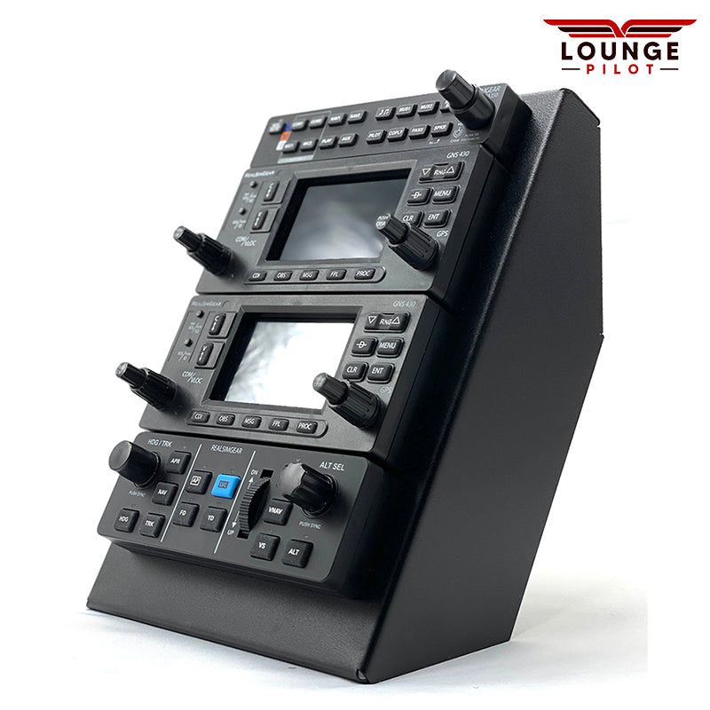 RealSimGear Dual GSN430 Stack for Flight Simulators. Features: Dual GNS430 devices, GMA350 audio panel integration, GFC500 autopilot integration, compatibility with TorqueSim Cirrus SR 20 and SR22 Avidyne Entegra aircraft and Reality-XP GNS430W add-on, optional GCU Bracket Foot Plate for standalone stability.