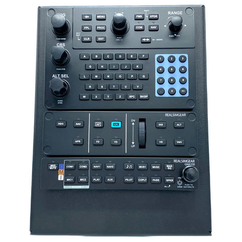 RealSimGear GCU Perspective Stack: Emulates Cirrus SR20/SR22 avionics. Compatible with X-Plane 11/12, P3D, partially with MSFS 2020. Includes GCU47X, autopilot, audio panel. Requires optional GCU Bracket Foot Plate. Steel enclosure mounts to RealSimGear FlightDeck plate or Cirrus Desktop Console. Desktop foot sold separately.