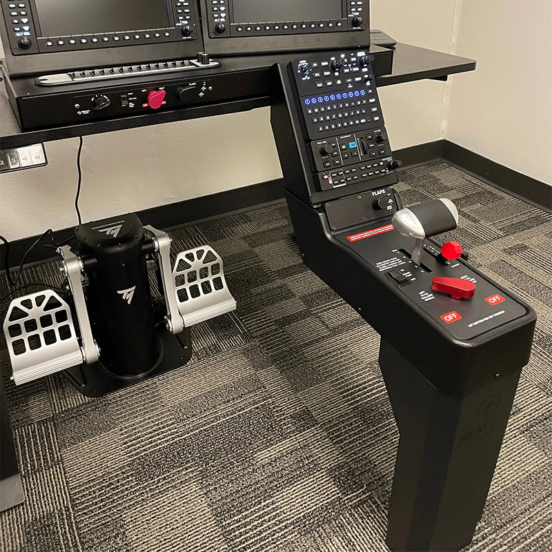 The RealSimGear Telescopic Pedestal enables effortless mounting of the Cirrus Throttle to existing RealSimGear products, such as the Cirrus Perspective Package or the Cirrus Desktop Console.  The support leg boasts adjustable height positions and comes with an adapter bracket that secures the top of the throttle to the GCU bracket base.