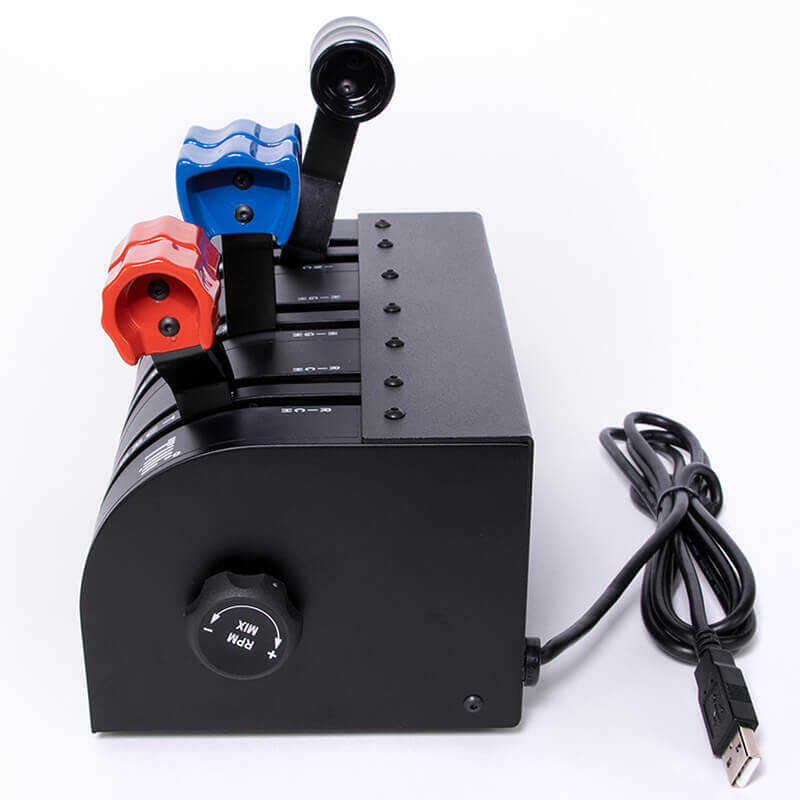 Introducing the VirtualFly TQ6 Plus Throttle for Flight Simulation. Essential features like controllable reverse thrust, propeller feathering, and cut-off mixture functions ensure precise control. Adjustable traveling touch-on levers enhance responsiveness. Hall effect magnetic sensors promise durability. Compatible with MSFS, P3D, X-Plane. All-metal construction, USB connectivity. Effort adjustment for fine-tuning sensitivity. Dimensions: Length: 125.4 mm, Width: 226 mm, Height: 172.5 mm.