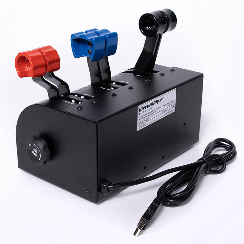 Introducing the VirtualFly TQ6 Plus Throttle for Flight Simulation. Essential features like controllable reverse thrust, propeller feathering, and cut-off mixture functions ensure precise control. Adjustable traveling touch-on levers enhance responsiveness. Hall effect magnetic sensors promise durability. Compatible with MSFS, P3D, X-Plane. All-metal construction, USB connectivity. Effort adjustment for fine-tuning sensitivity. Dimensions: Length: 125.4 mm, Width: 226 mm, Height: 172.5 mm.