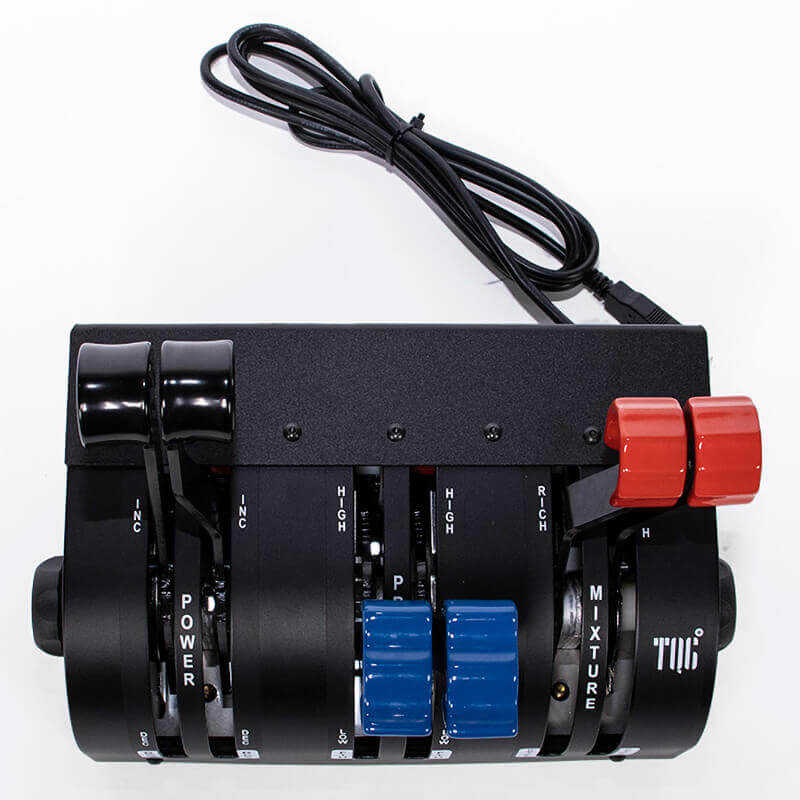 Introducing the VirtualFly TQ6 Plus Throttle for Flight Simulation. Essential features like controllable reverse thrust, propeller feathering, and cut-off mixture functions ensure precise control. Adjustable traveling touch-on levers enhance responsiveness. Hall effect magnetic sensors promise durability. Compatible with MSFS, P3D, X-Plane. All-metal construction, USB connectivity. Effort adjustment for fine-tuning sensitivity. Dimensions: Length: 125.4 mm, Width: 226 mm, Height: 172.5 mm.