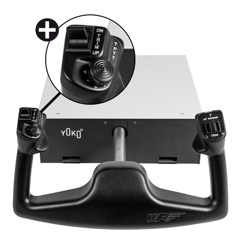 YOKO Plus Yoke: Enhanced version of the renowned YOKO yoke for flight simulation. Features 144mm travelling shaft, VirtualFly Linear Guide System for precise pitch control. Integrated 8-way Hat Switch for mid-flight view adjustments. Hall Effect Contactless Sensors for smooth pitch and roll operation. Durable metal construction for lifelong reliability. Certified by US Federal Aviation Administration (FAA) for training devices.