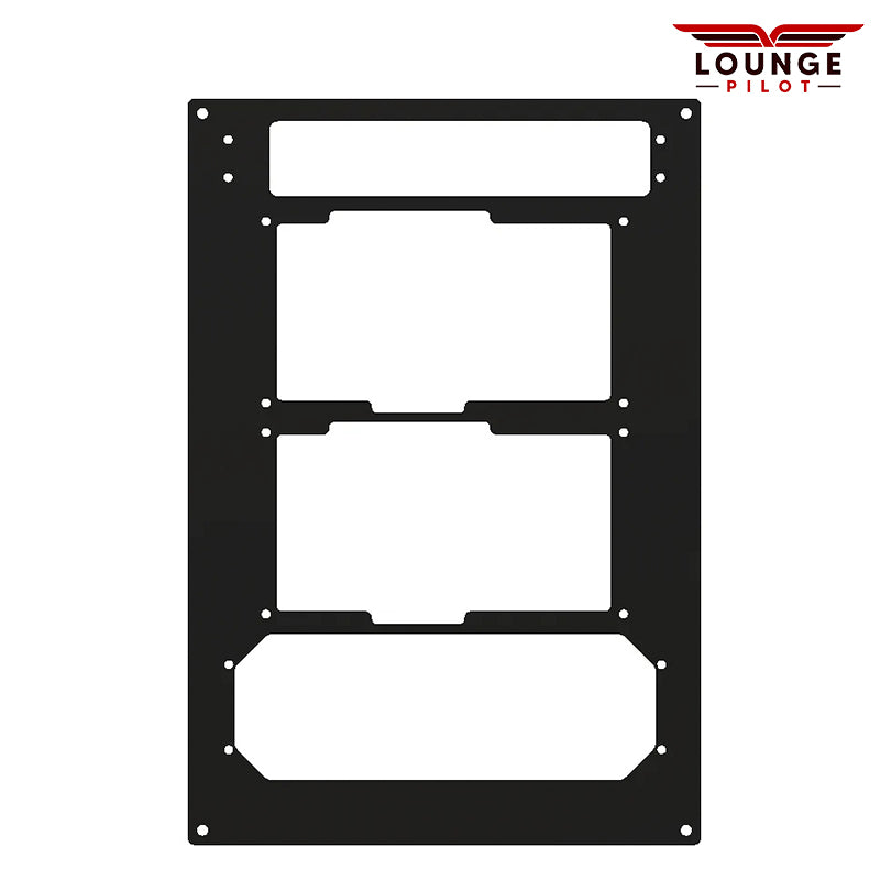 A two-part modular GCU stack system, consisting of the RealSimGear GCU Chassis and this mounting faceplate. This faceplate is designed to accommodate the RealSimGear GMA350, two GNS430 units, and the GFC500.